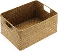 Hipiwe Seagrass Storage Basket Bin Rectangular Handwoven Wicker Storage Box with Handle Opened Baskets Box for Shelf Organizing Closet Bathroom, Caramel, Medium