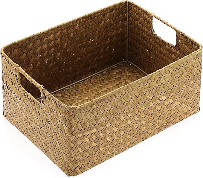 Hipiwe Seagrass Storage Basket Bin Rectangular Handwoven Wicker Storage Box with Handle Opened Baskets Box for Shelf Organizing Closet Bathroom, Caramel, Medium