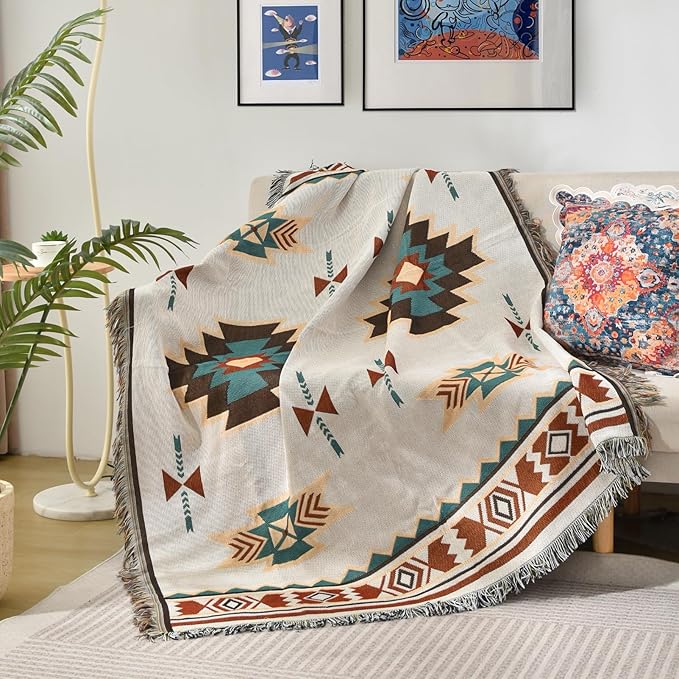 Snycler Boho Throw Blanket for Bed 50 * 60inch Woven Blanket Cotton Polyester Farmhouse Decor for Indoor Outdoor Sofa Bedroom Garden，All Season(White)