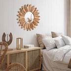 Emfogo Wall Mirror 21 inch Rustic Wood Sunburst Boho Mirror Wall Decor Home Decor for Bedroom Living Room Entryway Farmhouse (Carbonized Black)