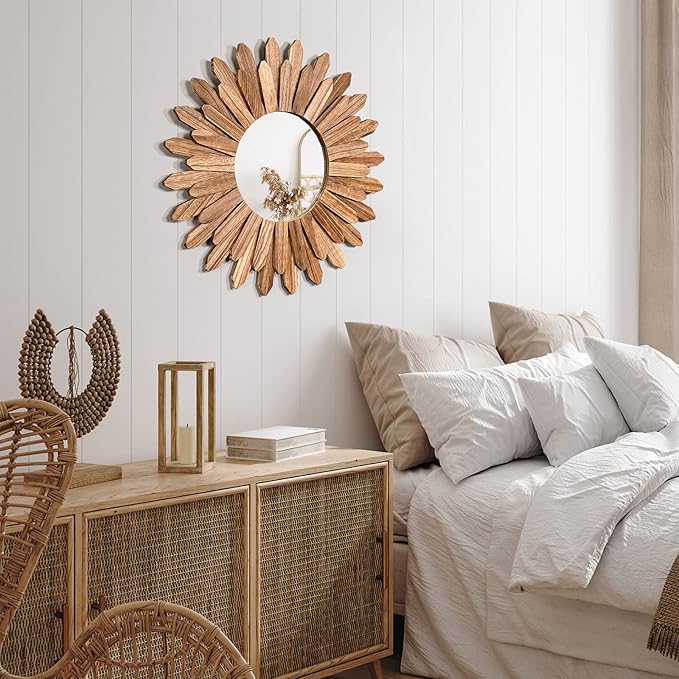 Emfogo Wall Mirror 21 inch Rustic Wood Sunburst Boho Mirror Wall Decor Home Decor for Bedroom Living Room Entryway Farmhouse (Carbonized Black)