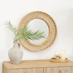 Round Rattan Wall Mirror – 24x24 Inch Boho Elegance with Woven Frame, Decorative Mirror for Bathroom Vanity Entryway Living Room