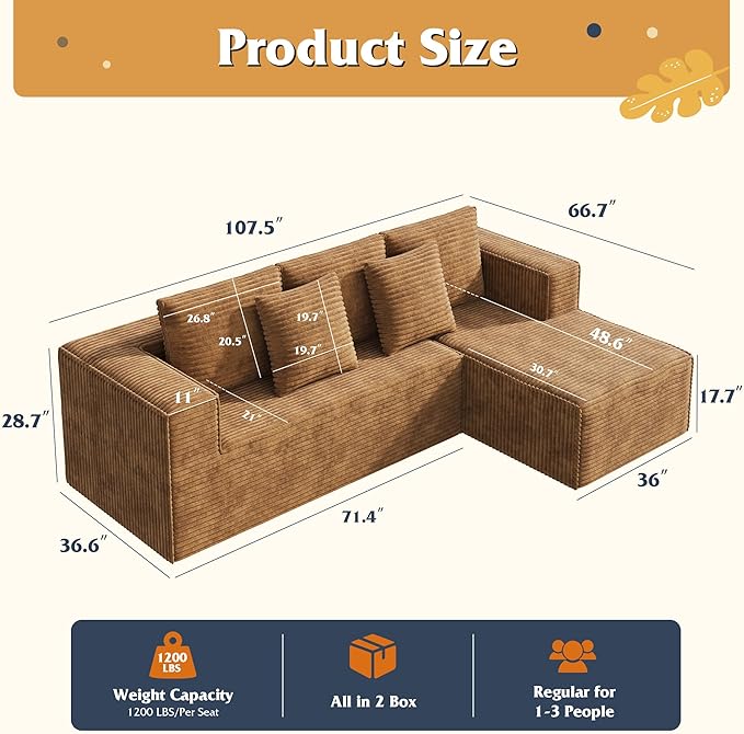WLIVE 108'' Cloud Sectional Couches for Living Room, Modular Boneless Couch with Left Facing Chaise, L Shape Memory Foam Corduroy, with Cushion, Brown