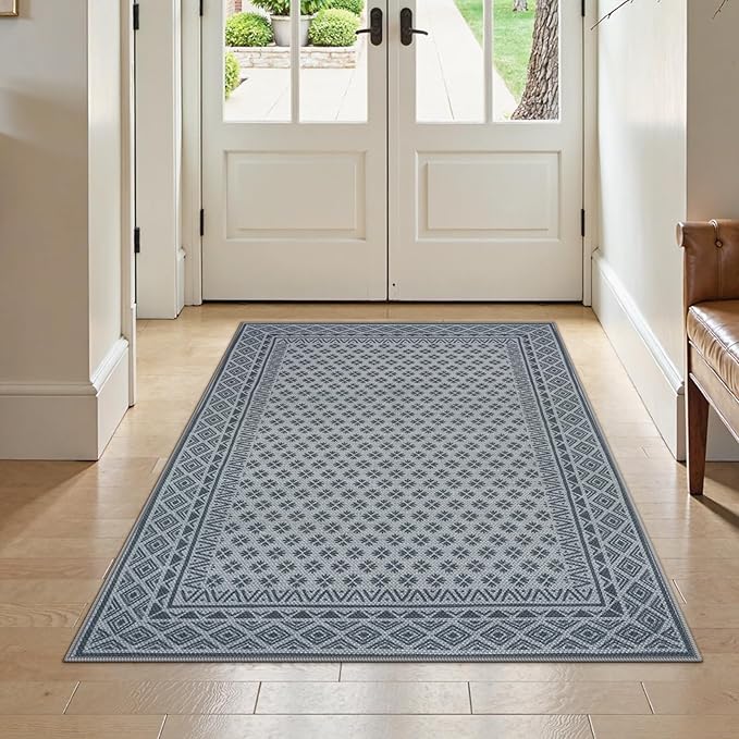 LIVEBOX Easy Jute Indoor Outdoor Rug 3x5 Front Porch, Gray Washable Outdoor Rugs for Entryway, Non Slip Geometric Area Rug for Living Room, Carpet Door Mat for Entry Front Door Patio Kitchen Bedroom
