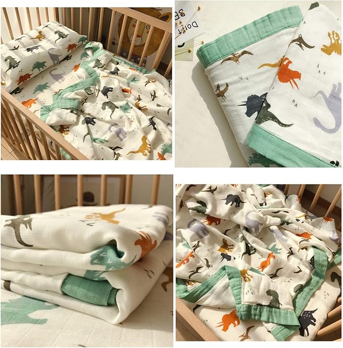 Little Jump Dinosaur Muslin Blanket Baby Quilt - Silky Soft and Breathable Crib Blanket for Daycare - Large 47" x 47" - 2 Layers Toddler Summer Blankets for Boys (Dinosaur)