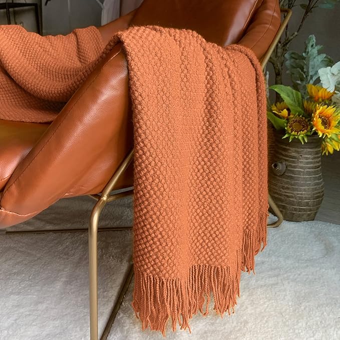 LOMAO Knitted Throw Blanket with Tassels Bubble Textured Lightweight Throws for Couch Cover Home Decor (Orange, 50x60)