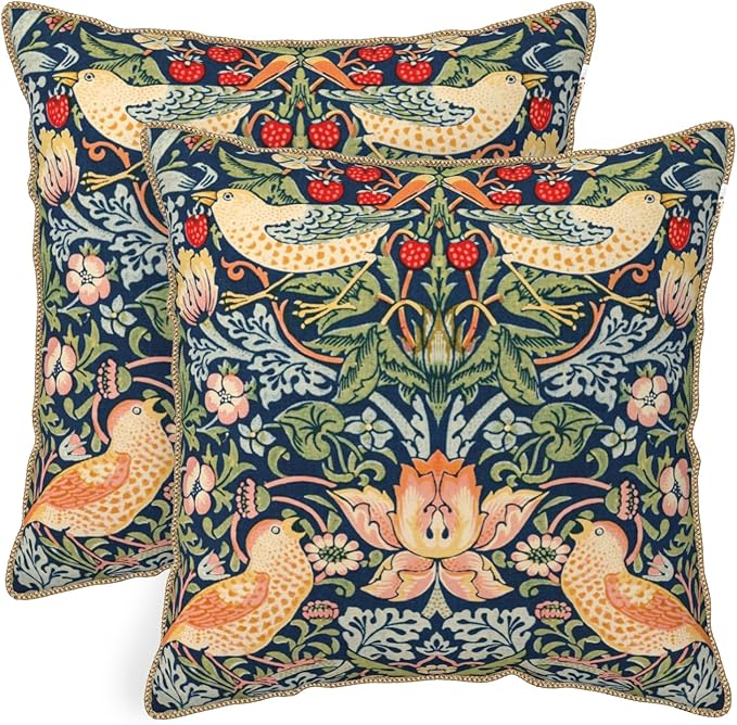 KSLIDS Navy Blue Sage Green Soft Velvet Throw Pillow Covers Set of 2 Red Strawberry Floral Bird Decorative Pillow Covers 20x20 Inch Vintage Chinoiserie Pillow Case for Sofa Couch Farmhouse Home Decor