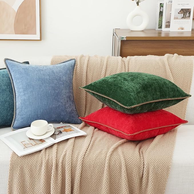 decorUhome Chenille Soft Cozy Throw Pillow Covers 22x22 Set of 2, Modern Farmhouse Boho Velvet Decorative Euro Sham Pillow Cases with Stitched Edge for Couch Sofa Bed Home Decor, Blue