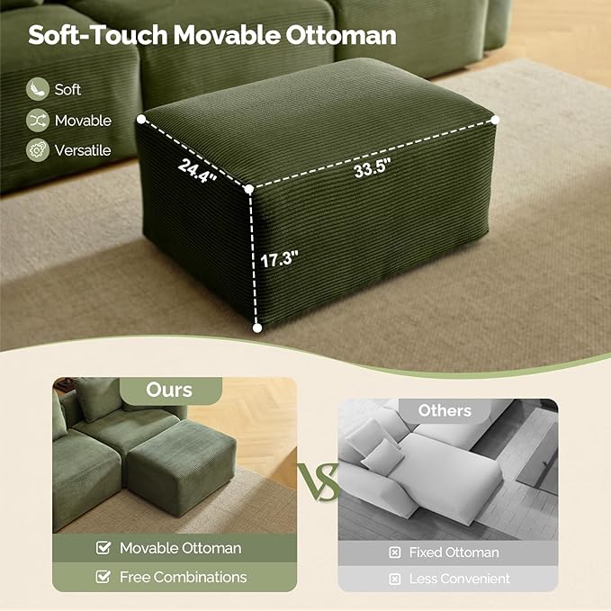 VINGLI 112.2“ Convertible Corduroy Cloud Sectional Couches with Movable Ottoman, L-Shaped Boneless Couches for Living Room with Deep Seat, 3 Seater Modular Spineless Sofa, No Assembly Required, Green