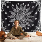 KJHL Floral Bohemian Tapestry Black and White Flower Aesthetic Tapestry Mandala Room Decor Wall Hanging Boho Tapestries for Bedroom Dorm(Black, 59" x 79")