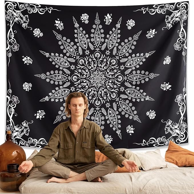 KJHL Floral Bohemian Tapestry Black and White Flower Aesthetic Tapestry Mandala Room Decor Wall Hanging Boho Tapestries for Bedroom Dorm(Black, 59" x 79")