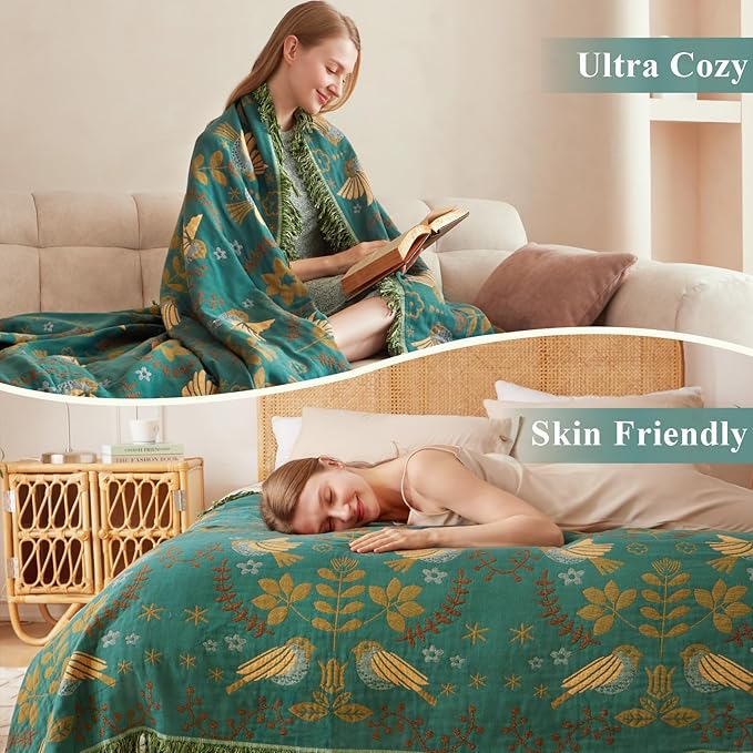 Boho Throw Blanket - 100% Cotton Soft Throw Blanket for Bed, 50"x60" Reversible Breathable Lightweight Spring Blankets, All Seasons Farmhouse Decor Floral Plant Bird Throw Quilt