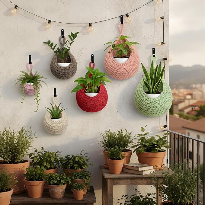 Honeydak 6 Pack Boho Hanging Wall Baskets for Kitchen Teardrop Hanging Fruit Vegetable Baskets with 6 Hooks, Home Onion Net for Fruits Vegetable Potato Storage, 6 Sizes(Colorful)