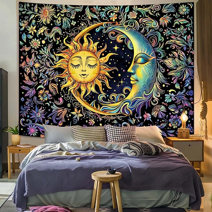 Spenlife Sun and Moon Tapestry Floral Wall Tapestry Boho Tapestries Floral Tapestries Wall Hanging for Bedroom and Living Room Decor Sun and Moon 44×60 Inches