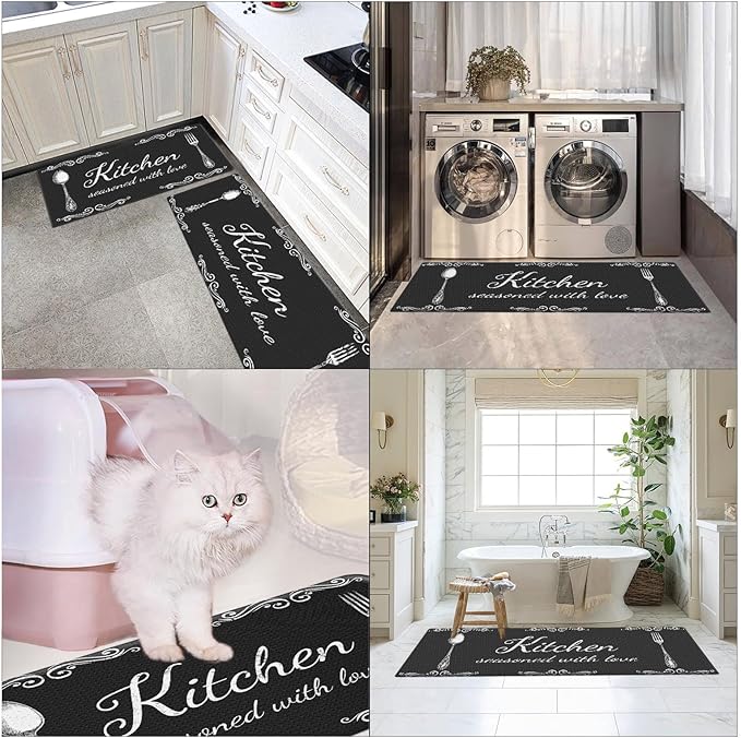 Arttown Black Anti-Fatigue Kitchen Rug Set of 2 Farmhouse Rustic Cushioned Floor Standing Mat Waterproof Non-Slip Mat and PVC Ergonomic Comfort Foam Rug