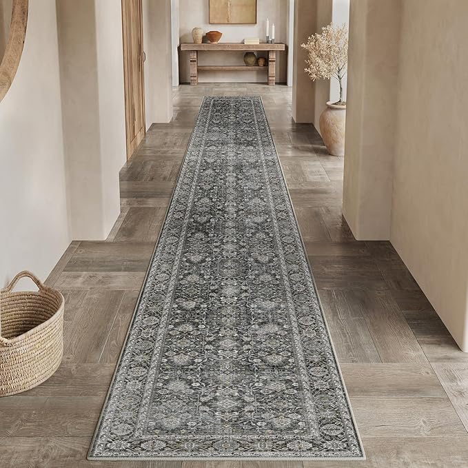 Black Runner Rug 2x12 Vintage Area Carpet Hallway Long Indoor Kitchen Washable Living Room Low Pile Traditional Distressed Retro Accent Throw Rug Non Slip Laundry Bathroom Office Dining Room