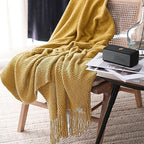 LOMAO Knitted Throw Blanket with Tassels Bubble Textured Lightweight Throws for Couch Cover Home Decor (Mustard Yellow, 50x60)