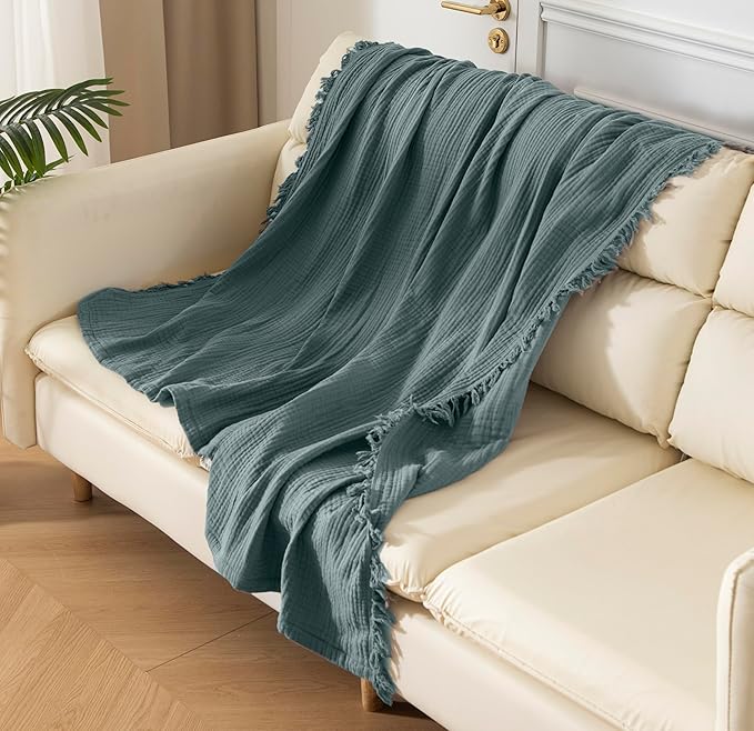 KyraHome 100% Organic Cotton Muslin Blankets, 90"x90" Queen, Pre-Washed, Breathable Lightweight Gauze Cotton Blanket for Couch, Adults, All Season (Slate Blue)