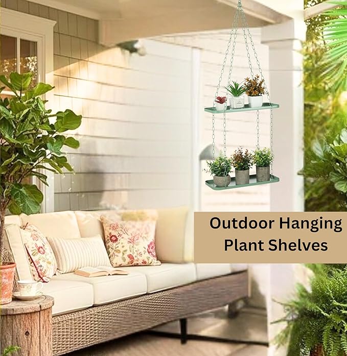 Shinehola Hanging Planters for Indoor Outdoor Plants (Length - 15.5"), Plant Hanger Indoor | Large Metal Hanging Plant Holder, 2-Tier Hanging Planter Shelf, No Plant/Pot Included (Green, 2-Tier)