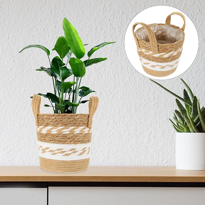 Happyyami Woven Seagrass Plant Basket Planter for Indoor Plants, Large Handwoven Straw Planter with Liner, Floor Storage Basket for Home and Garden Decor