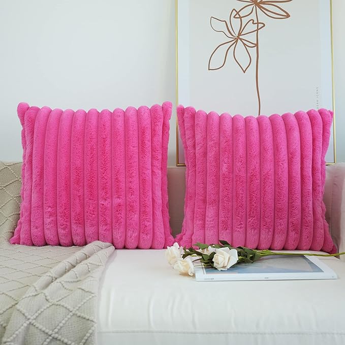 JOJUSIS Pack of 2 Faux Fur Plush Decorative Throw Pillow Covers Couch Cushion Case Soft Pillowcases (Hot Pink, 20 x 20-Inch)