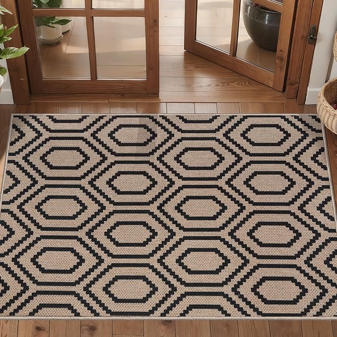 Tangsoo Easy Jute Rug 2x3 Outdoor Rug,Washable Non-Slip Small Rug for Entryway,Neutral Geometric Thin Indoor Carpet Farmhouse Small Throw Mat for Kitchen Bedroom Entry Front Door