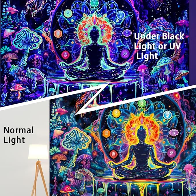 Yuiqear Blacklight Chakra Yoga Meditation Tapestry Mushroom Flower Wall Backdrop UV Reactive Mandala Tapestries Galaxy Space Jellyfish Tapestry Wall Hanging for Bedroom