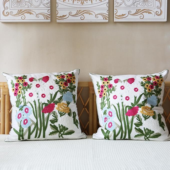 Embroidered Throw Pillow Cover Boho Floral Pillow Covers for Couch Sofa 3D Big Flowers Bohemian Pillow Covers Red Blue White Botanical Leaves 2PCS Pillowcase Covers 18x18 Inch