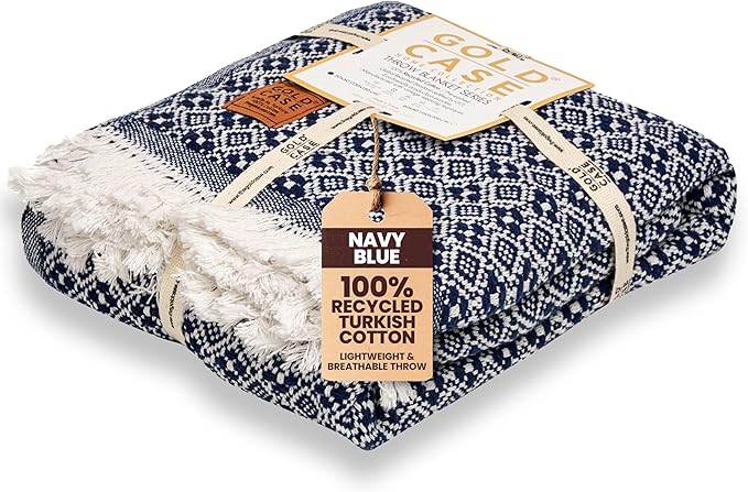 Gold Case Throw Blanket for Couch - 100% Recycled Turkish Cotton Blankets & Throws - Retro Soft Throw Blankets for Living Room - Boho Decorative Woven Couch Blanket - 50x60 - Navy Blue