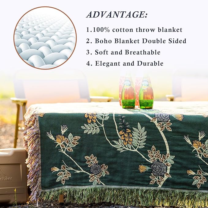 Snycler Boho Throw Blanket for Bed - 100% Cotton Ultra Soft Rustic Quilt Green Hummingbird Printed Farmhouse Decor Bed Blankets,80"×90" All Season Rustic Throw for Sofa Couch Chair