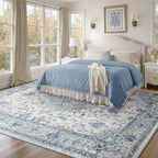 Area Rugs 9'x12' Washable Non-Slip, Floral Vintage Distress Print Pattern Medallion Carpet for Living Room Bedroom Dining Room, Light Blue Navy Beige Gray White