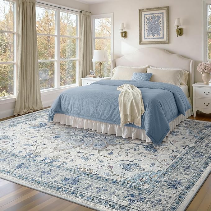 Area Rugs 9'x12' Washable Non-Slip, Floral Vintage Distress Print Pattern Medallion Carpet for Living Room Bedroom Dining Room, Light Blue Navy Beige Gray White