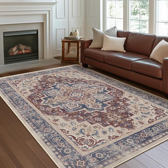 Maroon Blue Living Room Rug 6x9, Washable Non Slip Transitional Distressed Medallion Rug for Dining Room Under Table, Modern Vintage Low Pile Thin Carpet Rugs for Den Bedrom Home Office