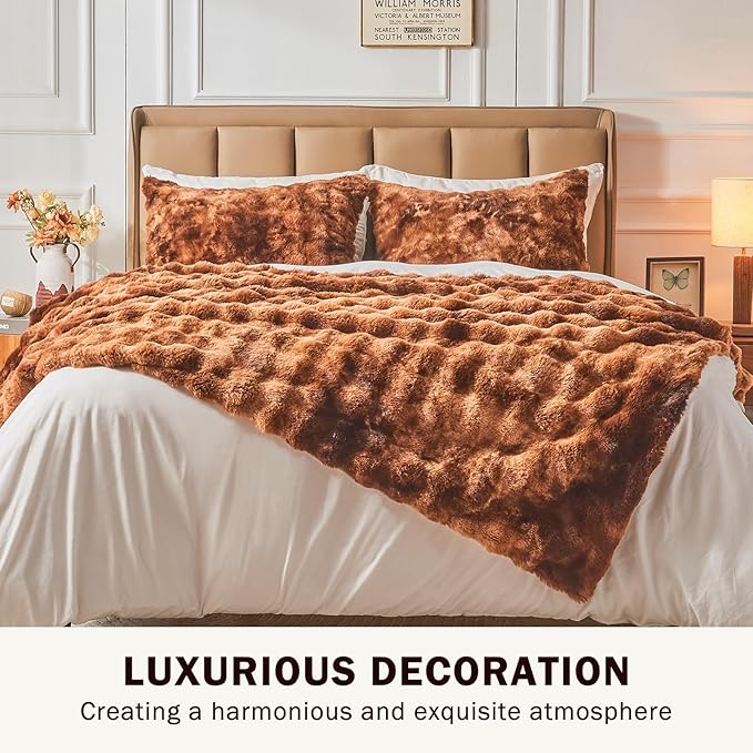 EMME Faux Fur Blanket Queen Size Tie Dye Dark Brown - Big Bubble Rabbit Cozy Blanket for Couch, Thick Furry Plush Shaggy Blankets, 650GSM, 90x90 Inches