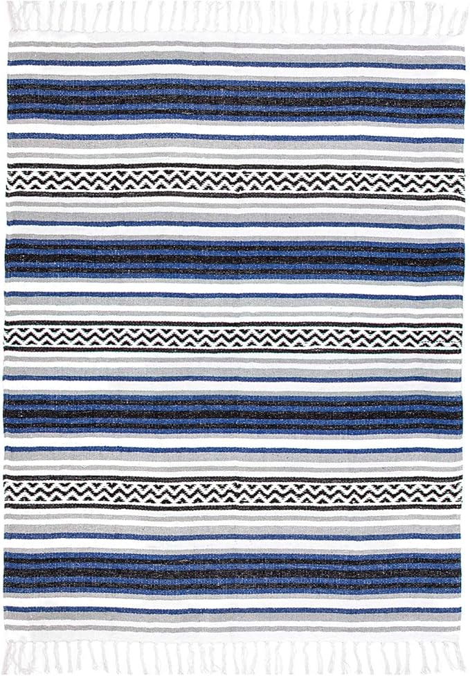 Americanflat 50x70 Authentic Mexican Throw Blanket - Falsa Blanket - Soft Cotton Throw Blankets for Indoor or Outdoor - Use for Yoga, Meditation, or Beach - Blue Stripes