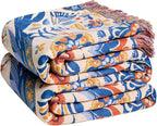 Boho Throw Blanket - 100% Cotton Ultra Soft Muslin Spring Blanket, 60"x80" Lightweight Floral Bird Framhouse Bedding Blanket for Bed, All Season Blue Bohemian Bedroom Home Decor Quilt