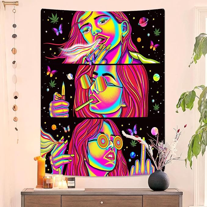 Trippy Tapestry Blacklight Tapestry for Bedroom Weed Decor Marijuana Cannabis Poster Smoking Tapestries Hippie Hippy Wall Tapestries Cool Asf Trippy Room Decor Weed Accessories Gifts 80"x 60"