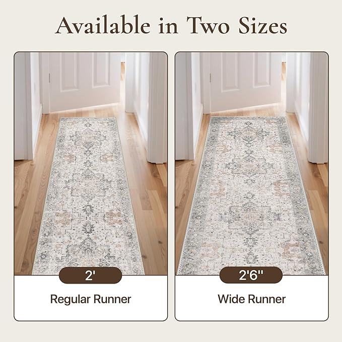 GENIMO 2'6"x11 Runner Rugs for Hallway, Machine Washable Non Slip Vintage Rugs, Low Pile Soft Chenille Print Rug for enrtyway, Corridor, Home Office,Light Taupe Brown