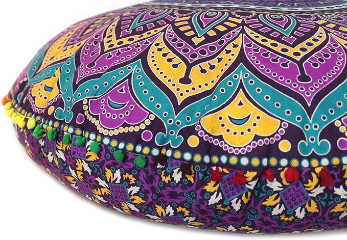 CRAFT KALA Mandala Floor Pillow Cushion Cover Seating Throw Cover Hippie Decorative Bohemian Ottoman Poufs Pom Pom Pillow Cases Boho Indian Cotton Living Room Yoga Home Décor 24" Round, New Pink Ombre