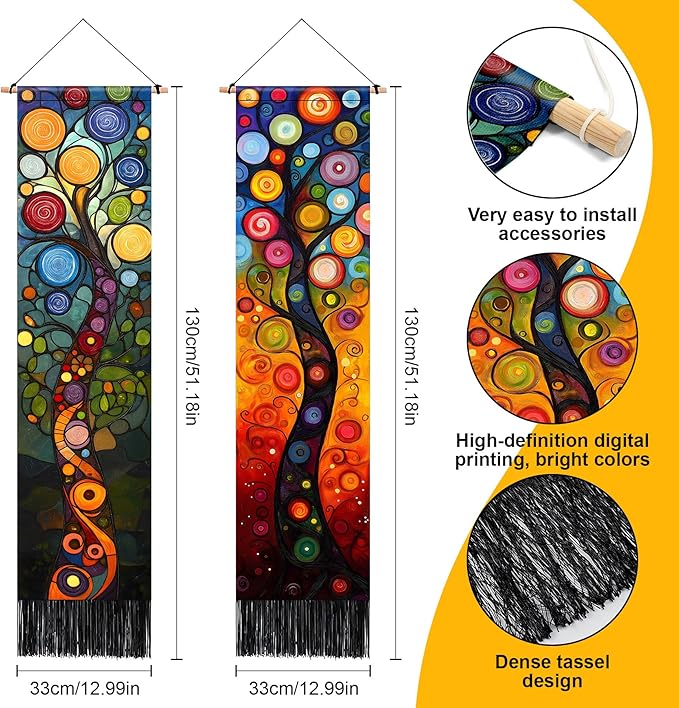AOHMPT Pack of 2 Long Vertical Tapestry,Nature Landscape Tapestry with Serene Mountain River, Moon & Sun Motifs,Traditional Ink Painting Wall Art , Zen Aesthetic Wall Hanging for Living Room Bedroom Decor 13" W x 51" H"