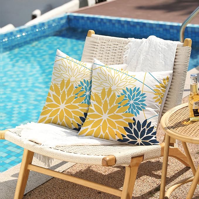 Yellow and Dark blue Floral Pillow Covers 18x18 Set of 2 Outdoor Waterproof Decorative Throw Pillows Summer Pillow covers Polyester Cushion Case Decor for Couch Patio Funiture Garden Porch 011B18