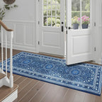 Lessymo 2 x 6 Runner Rug- Machine Washable Area Rugs Boho Faux Wool Low Pile Area Rug for Bedroom, Floral Medallion Vintage Rugs with Non-Slip Rubber,Blue White