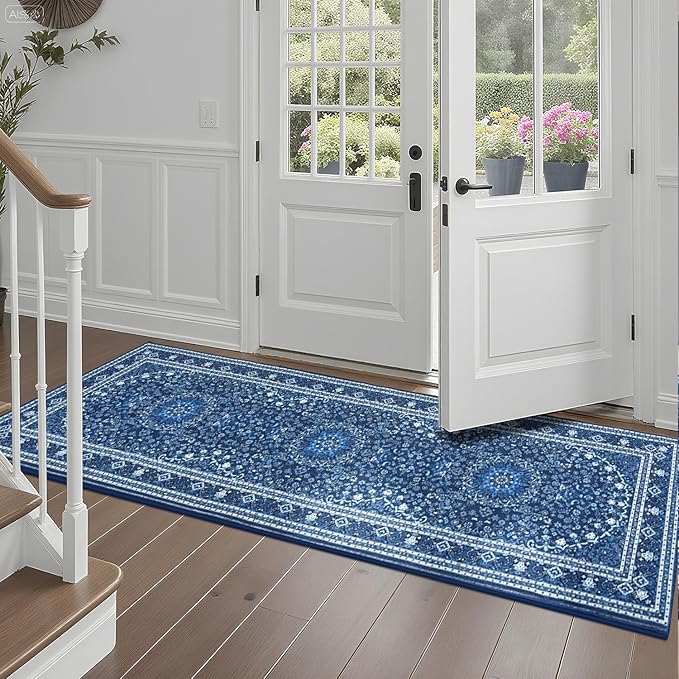 Lessymo 2 x 6 Runner Rug- Machine Washable Area Rugs Boho Faux Wool Low Pile Area Rug for Bedroom, Floral Medallion Vintage Rugs with Non-Slip Rubber,Blue White