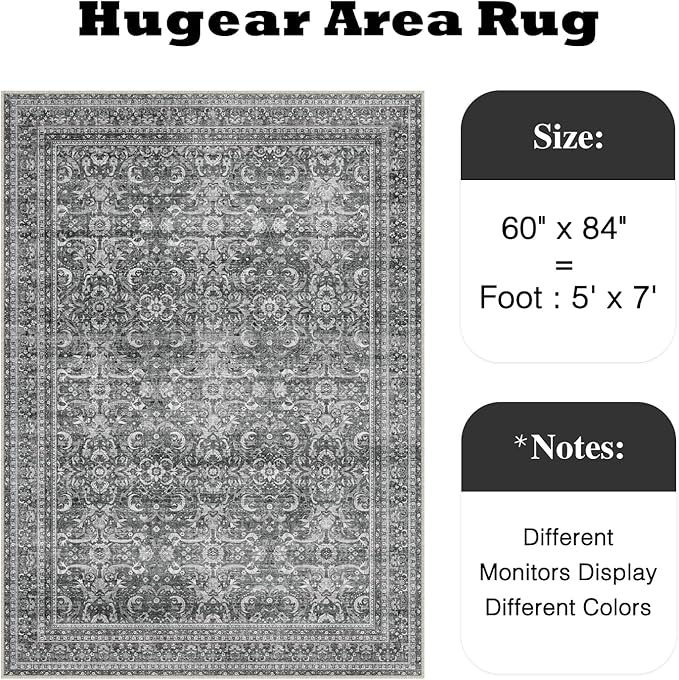 HUGEAR Area Rug 5x7 Vintage Grey Machine Washable Living Room Rugs Distressed Retro Floral Vacuumable Low Pile Carpet Bedroom Office Dining Room Laundry Room Non Slip Soft Lightweight