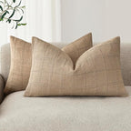 Foindtower Set of 2 Decorative Linen Check Throw Pillow Covers Neutral Farmhouse Lumbar Cushion Covers Modern Coastal Boho Home Decor for Sofa Chair Couch Bedroom Living Room,12×24 Inch,Camel