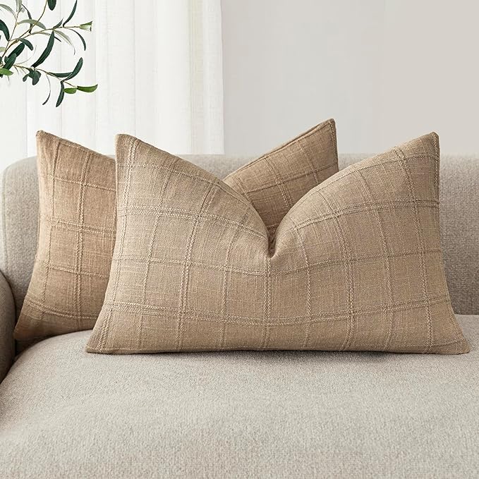 Foindtower Set of 2 Decorative Linen Check Throw Pillow Covers Neutral Farmhouse Lumbar Cushion Covers Modern Coastal Boho Home Decor for Sofa Chair Couch Bedroom Living Room,12×20 Inch,Camel