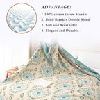 Snycler Boho Throw Blanket for Bed - 100% Cotton Ultra Soft Rustic Quilt - Blue Boho Floral Printed Farmhouse Decor Bed Blankets, 80"×90" All Season Rustic Throw for Sofa Couch Chair
