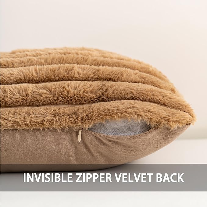 Pack of 2 Faux Fur Fall Throw Pillow Covers 24x24 Inch, Soft Plush Striped Neutral Couch Pillow Cover, with Velvet Back Modern Home Decor for Sofa Living Room Couch Bed Coffee