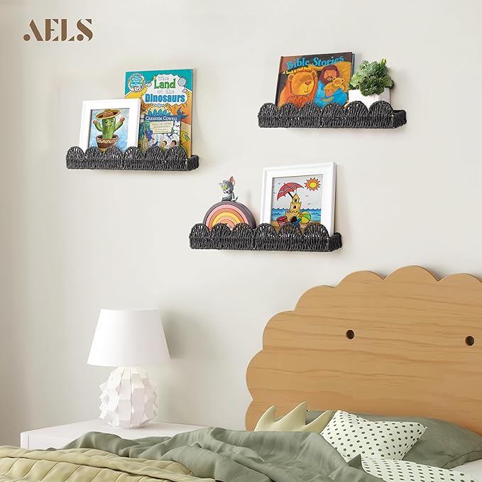 AELS Scalloped Nursery Bookshelf, Set of 3, Picture Ledge Shelf for Wall Decor, Woven Natural Fibre Floating Shelves for Books, Toys, Photo Frames, Nursery, Boho Modern Farmhouse Book Shelf, Black