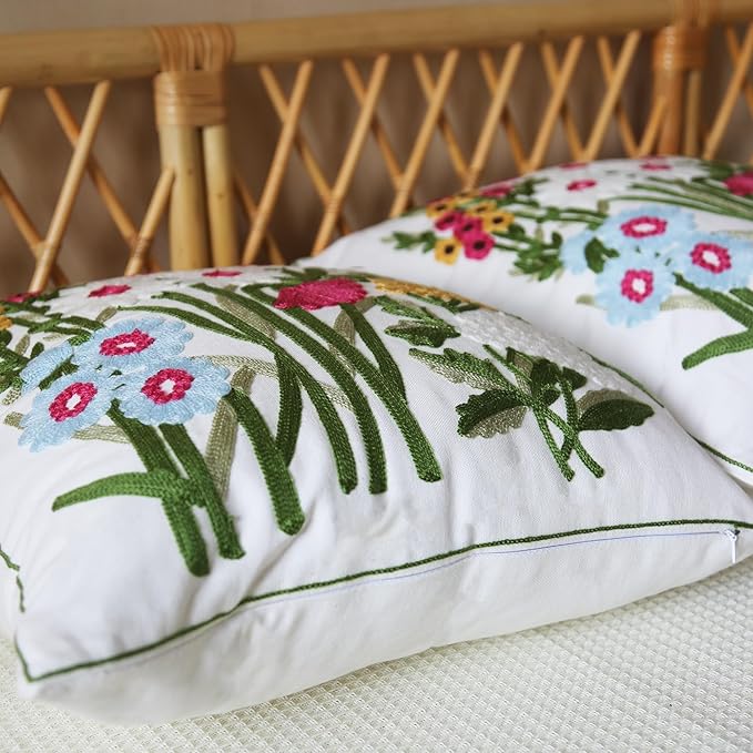 Embroidered Throw Pillow Cover Boho Floral Pillow Covers for Couch Sofa 3D Big Flowers Bohemian Pillow Covers Red Blue White Botanical Leaves 2PCS Pillowcase Covers 18x18 Inch